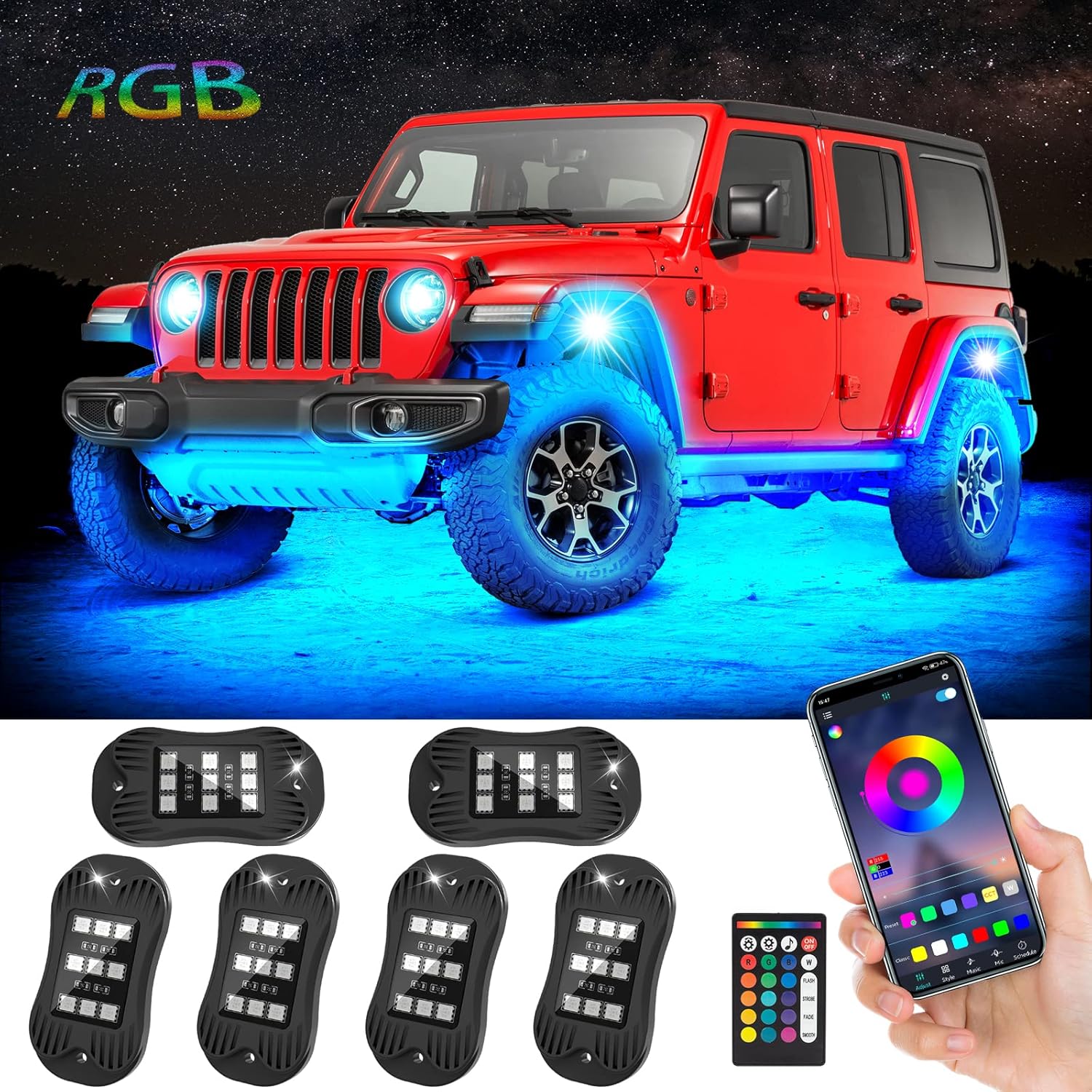 RGB Led Rock Lights for Trucks Exterior, Neon Lights Underglow Kit for Cars 6 Pods，App/1-Button Switch/Rf Remote Control