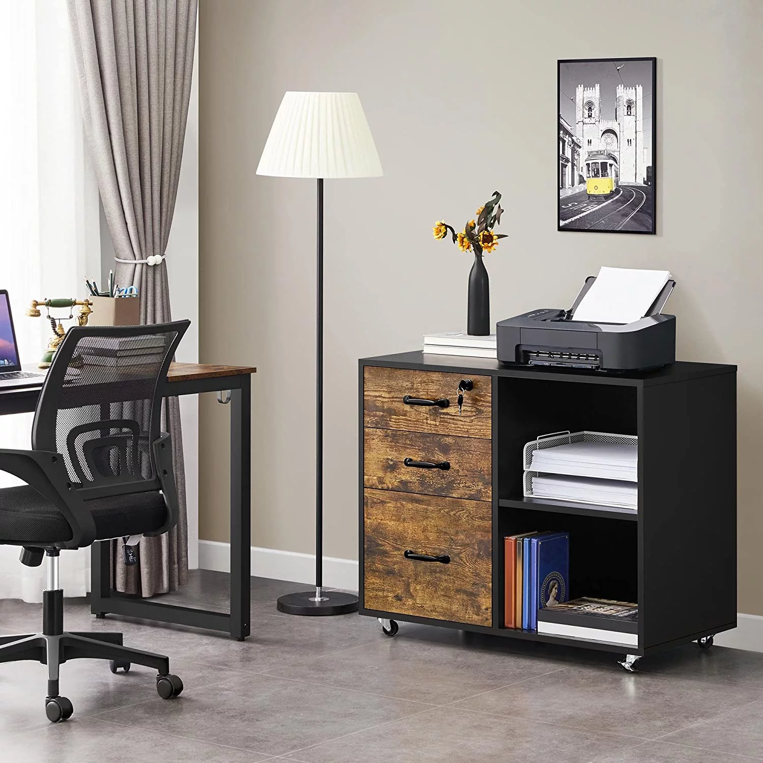 Black File Cabinet with Lock for Letter, A4 Size,3 Drawer Lateral Filing Cabinet Printer Stand with Open Storage Compartments