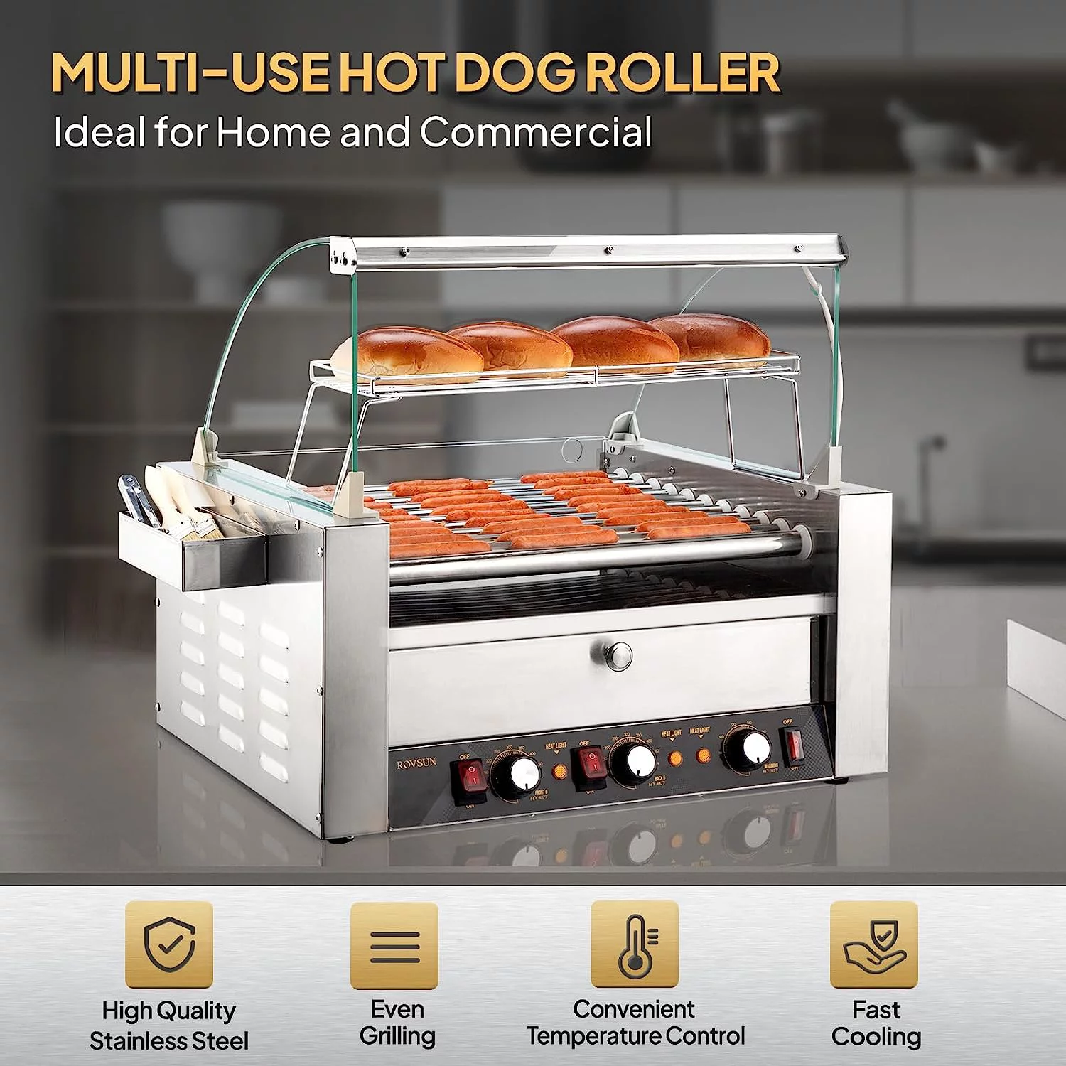 ROVSUN Hot Dog Roller Warmer 2000W, 11 Rollers 30 Hot Dog Roller Grill Cooker Machine w/Bun Warmer, Cover, Dual Temp Control, LED Light