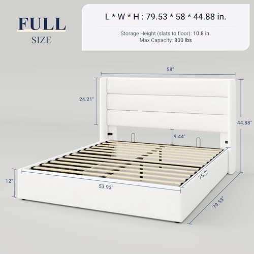 Allewie Full Size Lift Up Storage Bed, Modern Wingback Headboard, Hydraulic Support, No Box Spring Needed, Light Beige