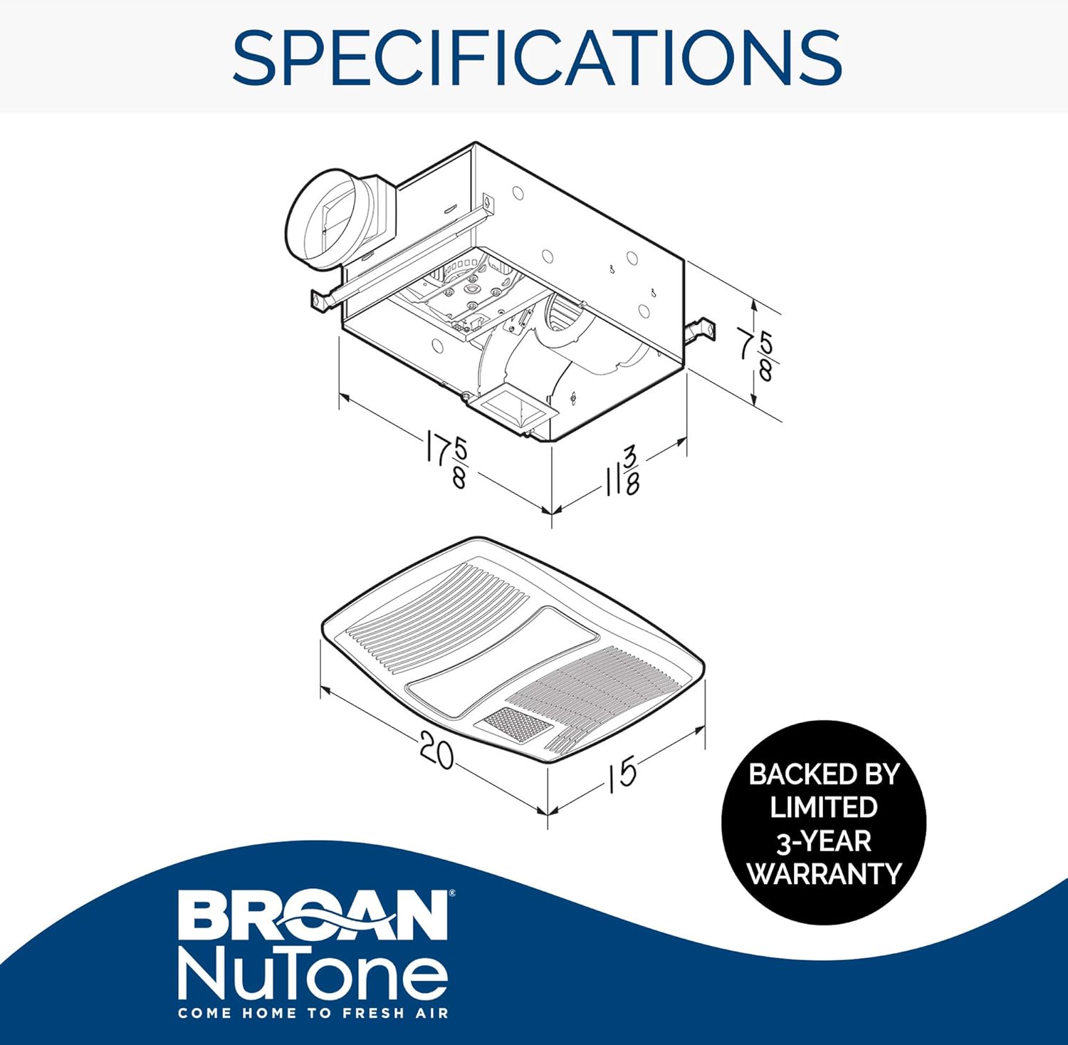 Broan-NuTone QTX110HL Very Quiet Ceiling Heater, Fan, and Light Combo for Bathroom and Home, 0.9 Sones, 1500-Watt Heater, 60-Watt Incandescent Light
