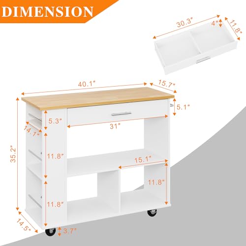 Shintenchi Rolling Kitchen Island Cart with Folding Drop Leaf Breakfast Bar, Portable Trolley Island with Large Storage Cabinet, Shelf and Drawer