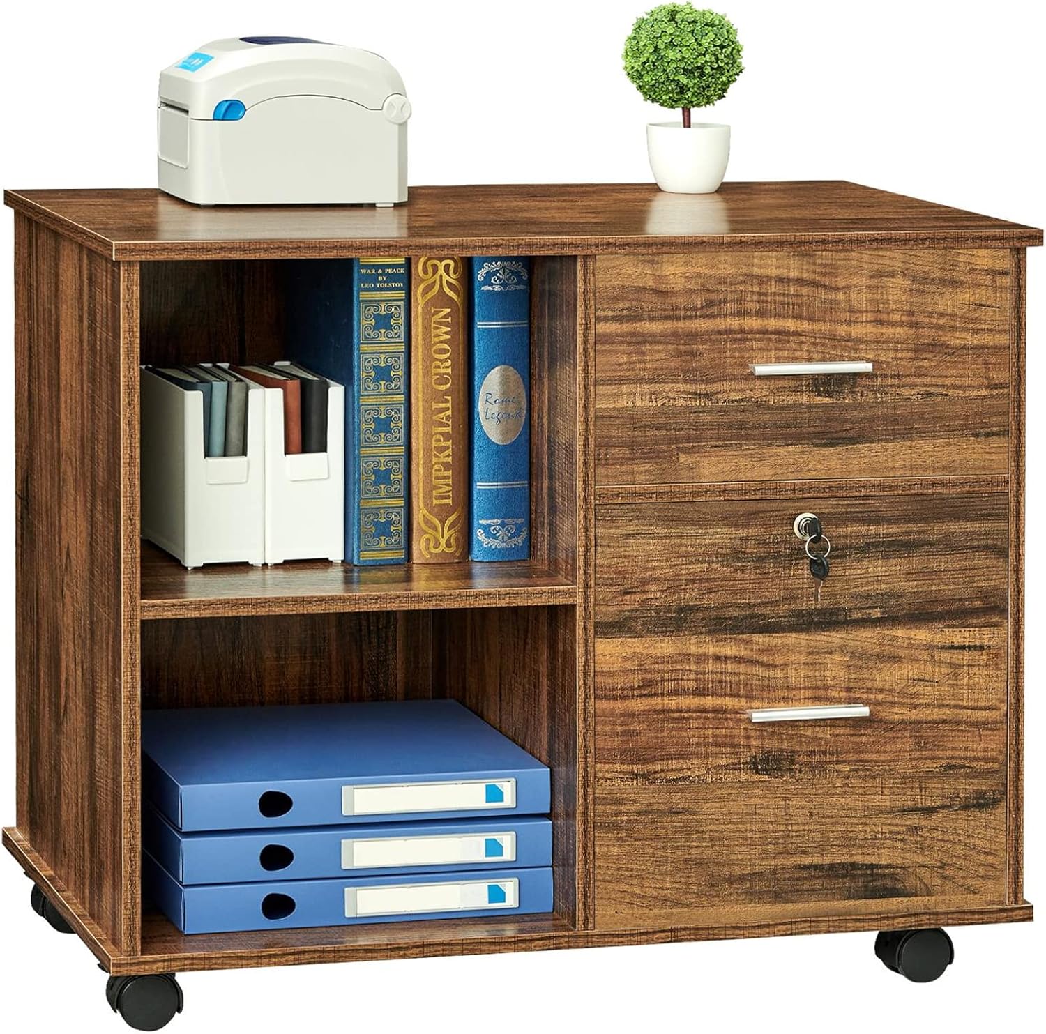GreenForest Wooden File Cabinet 2 Drawer Lateral Filing Cabinet with Lock Mobile Printer Stand on Wheels with Open Storage Shelves for Home Office