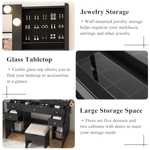 Vanity Desk with Lighted Mirror & Power Outlet, Makeup Vanity Table with 5 Drawers & 2 Cabinets, Large Vanity Set with Stool, Glass Top