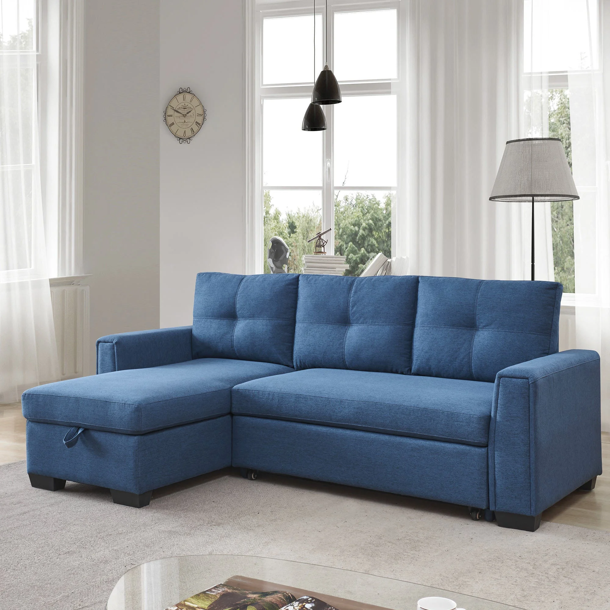 Panora  L-Shape Pull-Out Sleeper Sectional Sofa  - Blue