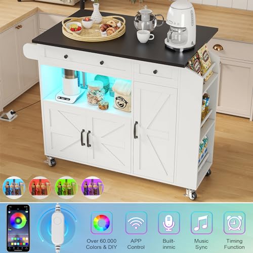 Kitchen Island with Drop Leaf, Rolling kitchen island with power outlet and Led Light, Kitchen Island with Storage Cabinet, Spice Rack, Drawer