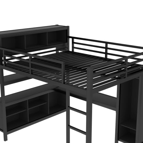 Metal Loft Bed with Wardrobe and L-Shaped Desk, Full Size Loft Bed with Storage Cubes and Shelves, Heavy Duty Loft Bed for Kids Teens, White