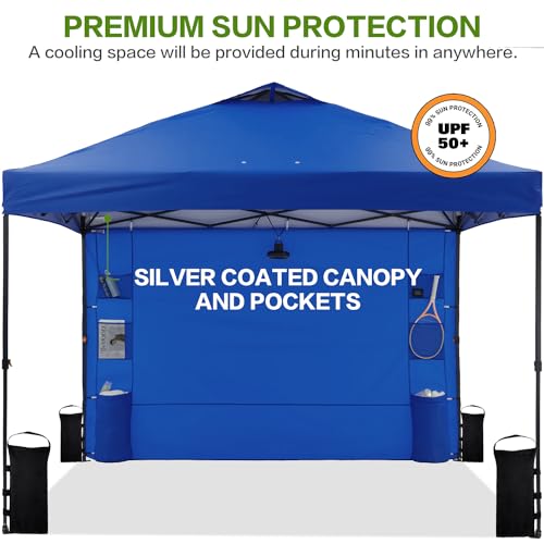 10'x10' Pop Up Canopy Tent with 1 Sidewall and 6 Pockets, One Push Setup, Instant Shade Tent with Vented Roof for Beach Patio Outdoor, Case, 8 Stakes