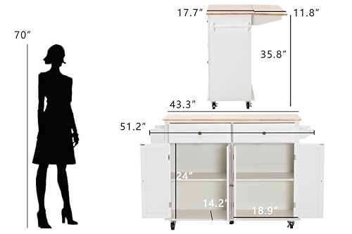 67’’ Movable Kitchen Island with Drop Leaf and Power Outlet, Lockable Sliding Countertop Rolling Island Cart with 2 Large Drawers, Spice, Towel Rack