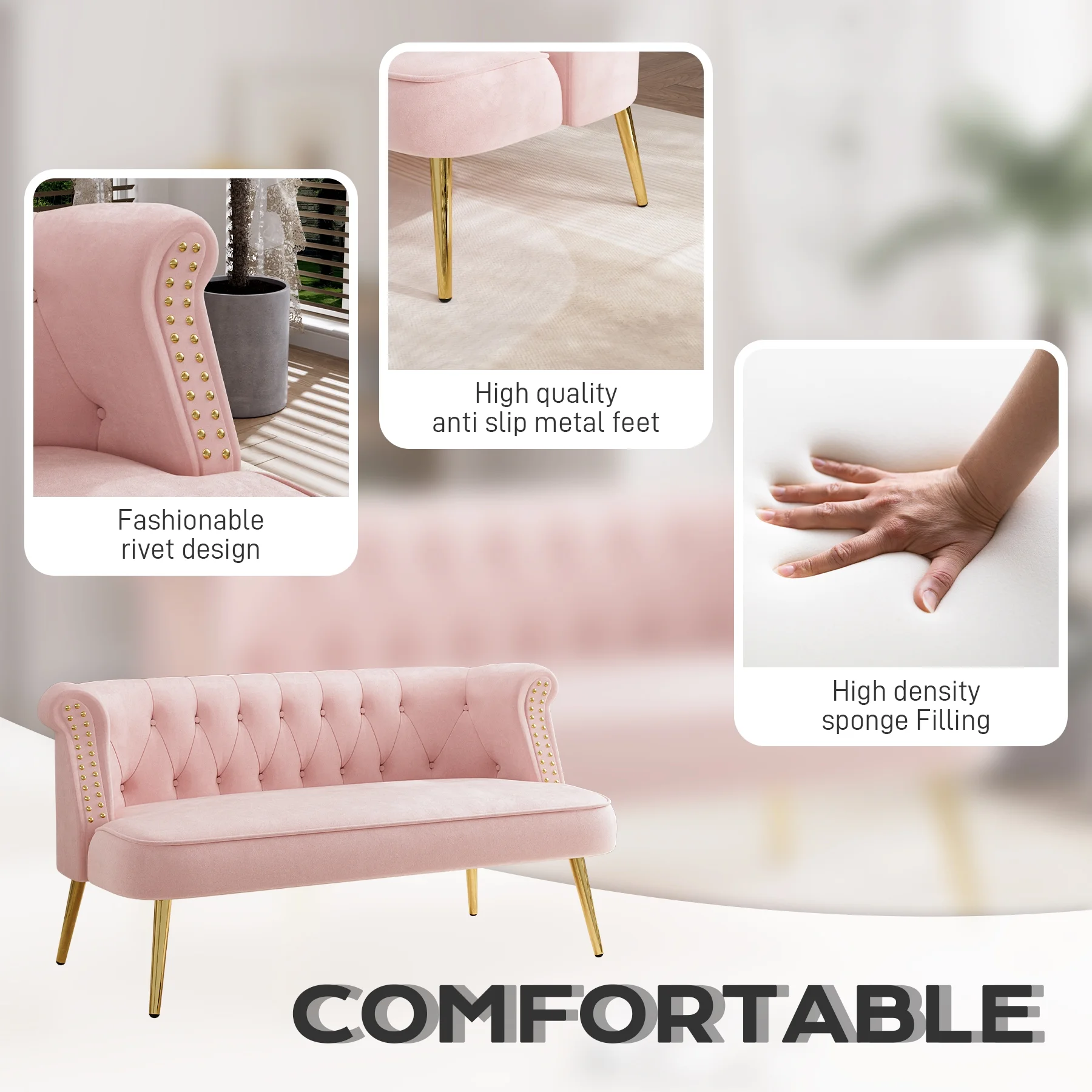 Modern Loveseat Settee Bench Sofa with Nailhead Trim and Golden Legs