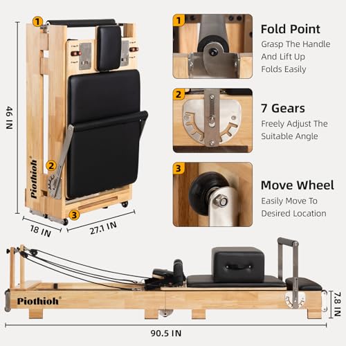 Pilates Reformer Machine - Foldable Wooden Reformer with Springs, Jump Board & Sitting Box | Home & Studio Use for Core Strength