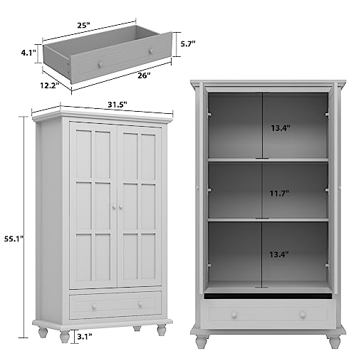 Hitow Tall Bookshelf White Bookcase with Glass Doors, Wooden Display Cabinet with 4-Tier Shelf & 2 Drawers, Pantry Cabinet for Home Office