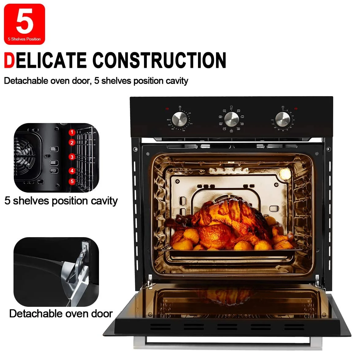 Gasland Chef ES609MB 24" Built-in Electric Wall Oven, 240V 3200W 2.3Cu.f Convection Wall Oven with Rotisserie, 9 Cooking Modes