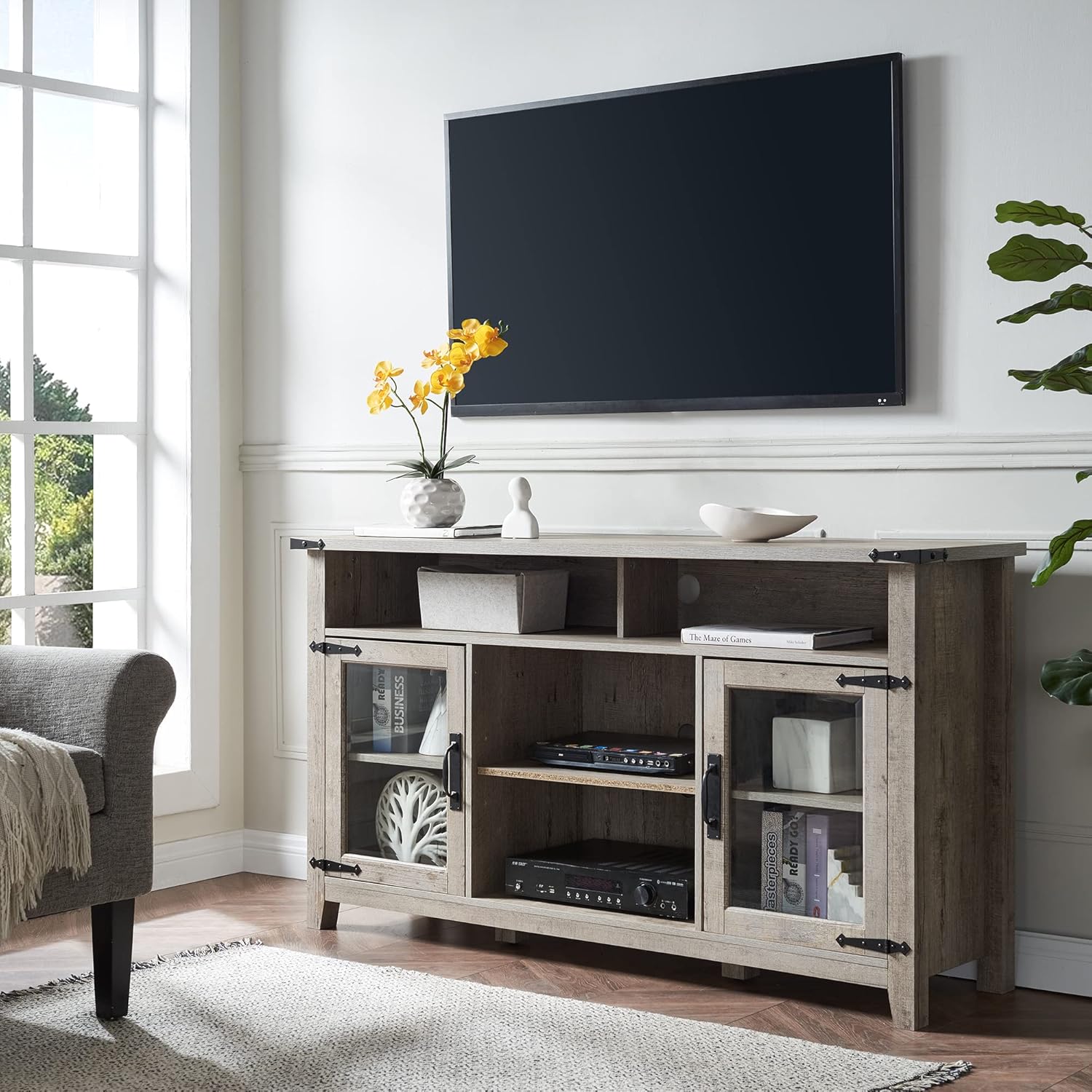 OKD Tall Rustic TV Stand Wood Farmhouse Entertainment Center Media TV Console Table for TVs Up to 65 Inch, with Glass Storage Cabinets & Open Shelves