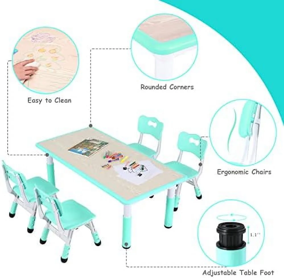 HJZBNONE Big  Study Table and 4 Chair Set  Height Adjustable Toddler Table and Chair Set for 4  Multifunctional Toddler Table  Reading  Drawing