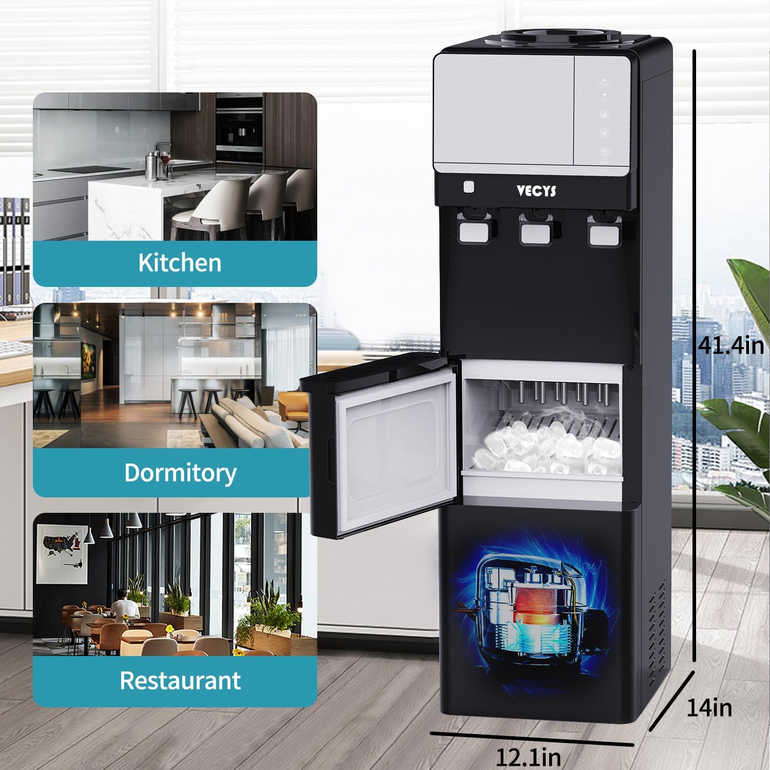 3 in 1 Water Dispenser with Ice Maker, 27LBS Daily Ice Making and Hot Cold Water Supply, Child Safety Lock and Compatible with 3 or 5 Gallon Bottles