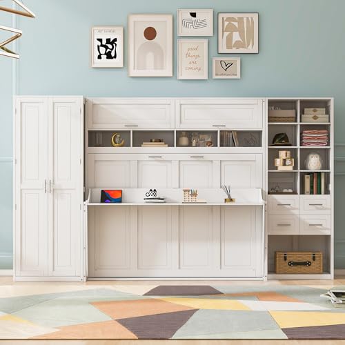 SOFTSEA Queen Size Murphy Bed with Desk, Horizontal Murphy Bed with Storage Wardrobe Drawers and Shelves, Hidden Wall Bedframe for Guest Room