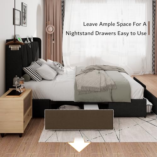 iPormis Queen Bed Frame with 4 Storage Drawers, Upholstered Platform Bed Frame with Charging Station, Modern Wingback Storage Headboard