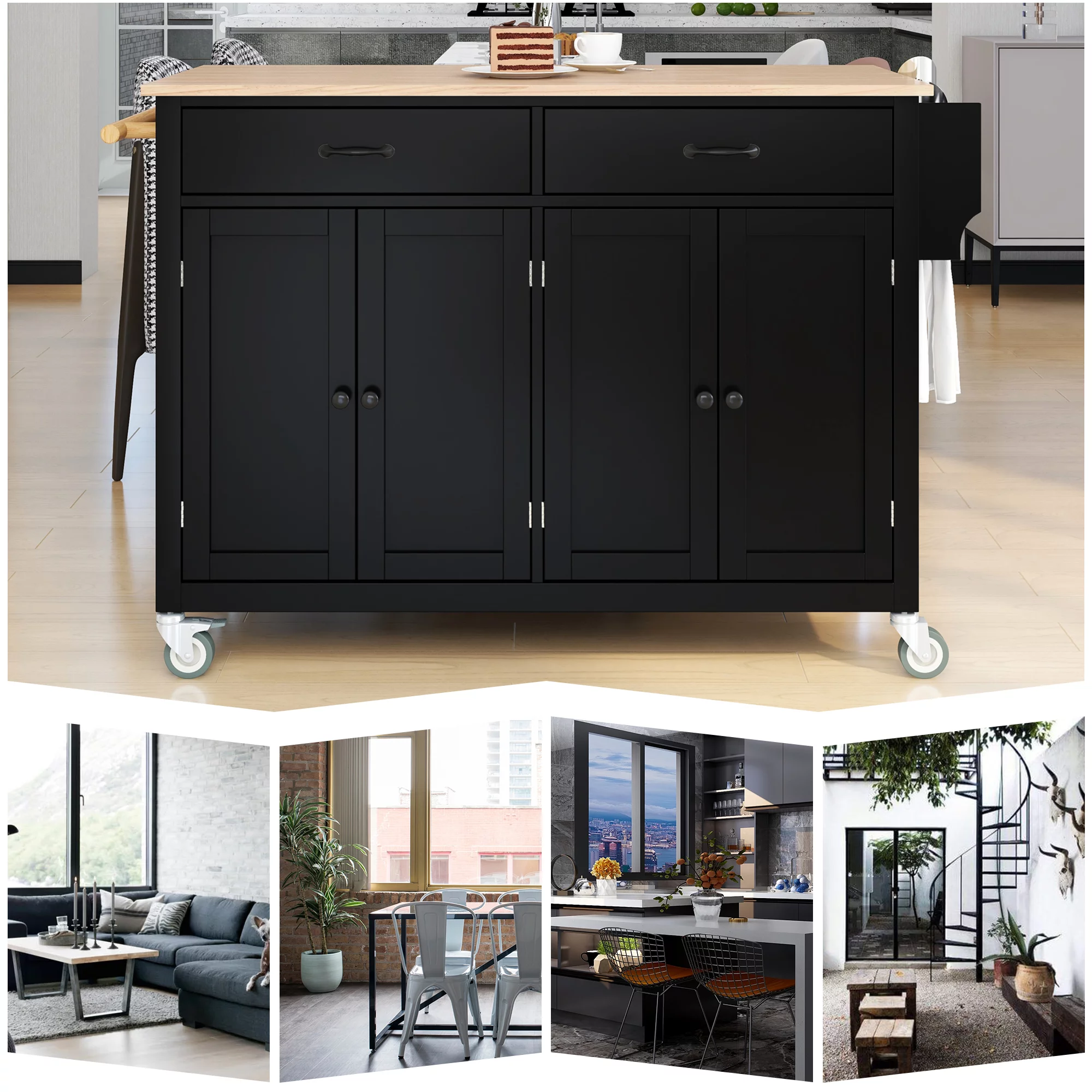 Movable Kitchen Island Cart, Storage Cart with 4-Door Cabinets and 2 Drawers, Modern Wood Kitchen Storage Cart with 2 Lockable Wheels