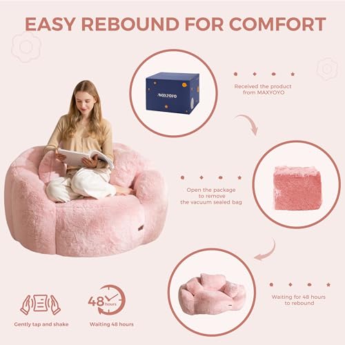 MAXYOYO Bean Bag Chair for Adults, Floral Shaped Bean Bag Sofa, Ultra Soft Faux Fur Floor Sofa, Large Reading Chair for Living Room Bedroom, Beige