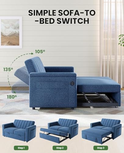 Marsail Sofa Bed, 3-in-1 Convertible Sleeper Sofa, Futon Couch with USB Charging, Side Pockets & Adjustable Backrest, Pull Out Couch for Living Room
