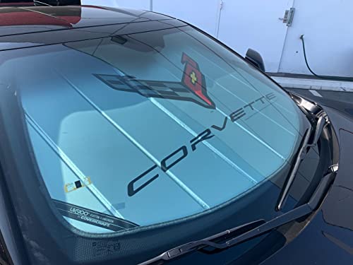 C8 Corvette Accordion Style Sunshade - Insulated Silver Windshield Sun Shade with Logo Foldable for 2020-2025 Stingray, Z51, Z06, E-Ray Corvettes