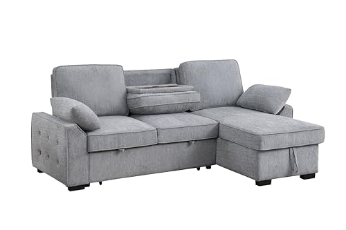 L-Shaped Pull Out Sleep Sofabed,Modern Reversible Sleeper Sectional Sofa Chenille Upholstered Button Tufted Decor with Storage Chaise