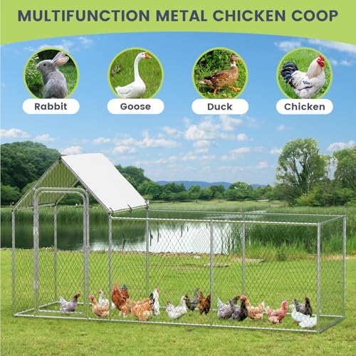 Chicken Coop, Large Metal Chicken Run, Outdoor Chicken Pen with Waterproof and Anti-UV Cover, Walk-in Chicken House with Lockable Door, for Yard