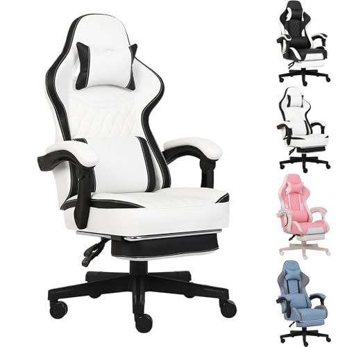 Gaming Chair, Computer Office Chair with Footrest, Linkage Armrests and Lumbar Support, High Back Ergonomic Gamer Chairs for Adults, Blue Fabric