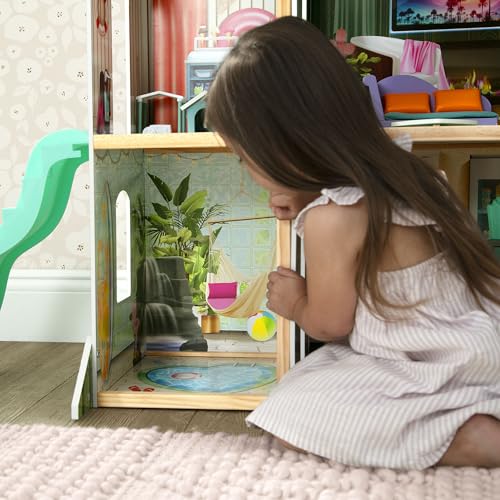 Delta Children Deluxe Maui Dollhouse - Large 4-Story Dollhouse with 12 Rooms Includes 50 Accessories - Working Elevator, Wave Slide, Lights/Sounds