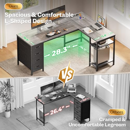 Huuger 63 Inch L Shaped Desk with Fabric Drawers, Reversible Computer Gaming Desk with Power Outlets and USB-C Port, Adjustable Side Storage Shelves