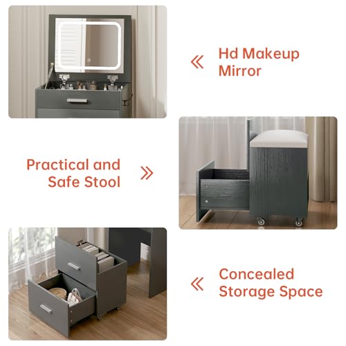 Compact Vanity with 3 Drawers, 3 in 1 Vanity Desk, Makeup Desk with Flip-up 3 Colors Lighting Mirror and Cushioned Stool