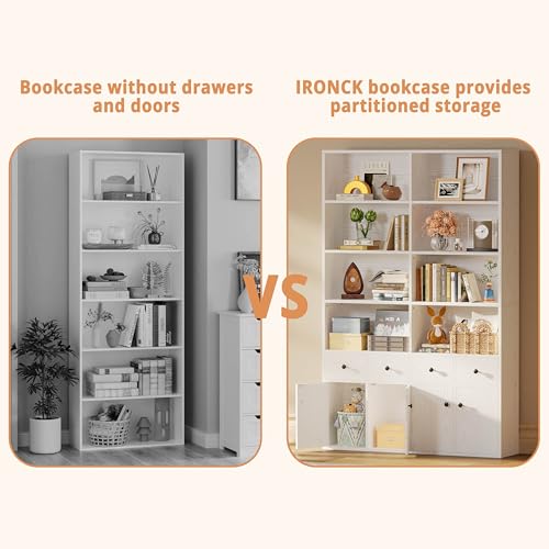 IRONCK 78.7" Bookcase with 4 Drawers and 4 Doors, 6 Tier Large Bookshelf with Storage, Floor Standing Display Storage Shelves
