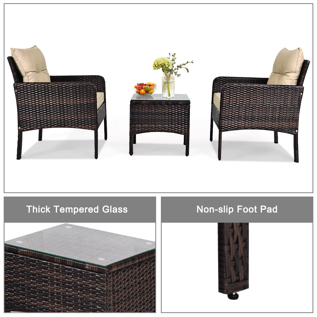 Gymax 3PCS Patio Outdoor Rattan Furniture Set Brown w/ Cushioned Chairs Coffee Table