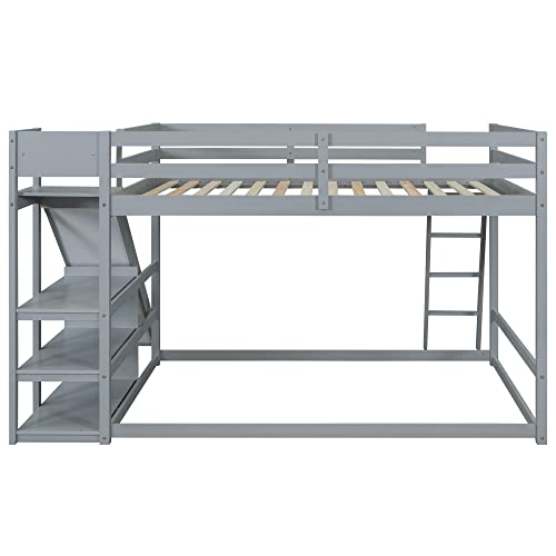 Full-Over-Full Castle Style Bunk Bed with 2 Drawers and 3 Shelves, Wood Bunk Bed Frame with Slide and Storage Staircase for Kids Teens Boys Girls