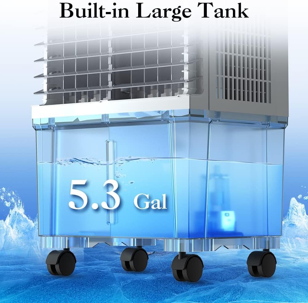 Evaporative Air Cooler, 1800CFM Swamp Cooler with 5.3 Gallon Water Tank Remote Control, 3 Speed Cooling Fan