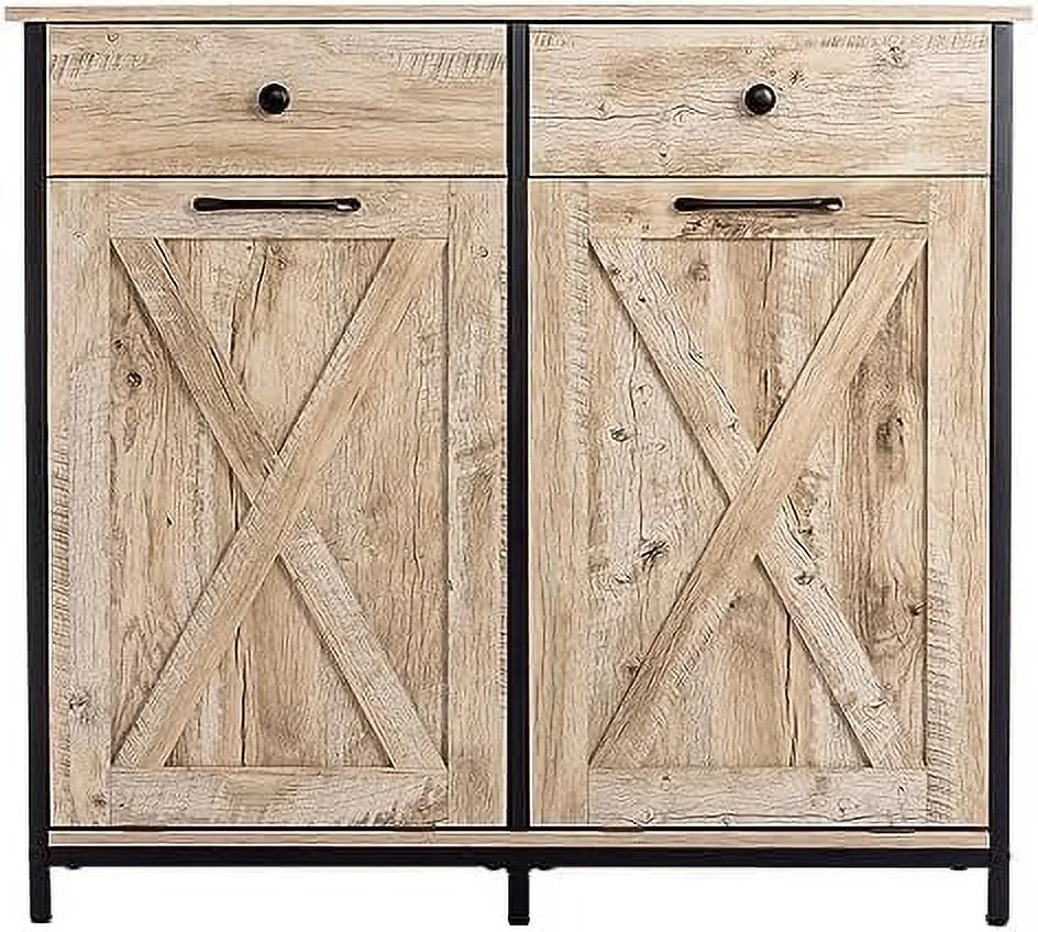 TJUNBOLIFE Double Barn Door Style Trash Cabinet  Double Tilt Out Trash Cabinet with Solid Hideaway Drawer Rustic Kitchen Trash Cabinet Free Standing