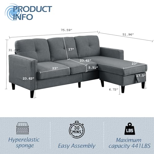 Sectional Sofa for Living Room 76inch Small Space Couches 3 Seater Sofa L shaped Chaise Loveseat Linen Fabric Comfy Couch Chairs with Reversible