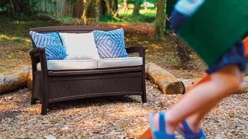 Suncast Elements Stylish Lightweight Loveseat Outdoor Seating with Convenient Built In Universal Storage, and All Weather Plastic, White