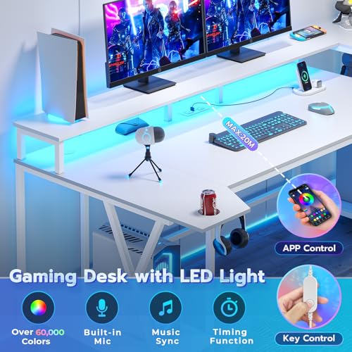 SEDETA Gaming Desk 70.8'' with LED Lights and Storage Shelves, Computer Desk with Monitor Stand, Power Outlets and Cup Holder, Large PC Gamer Desk