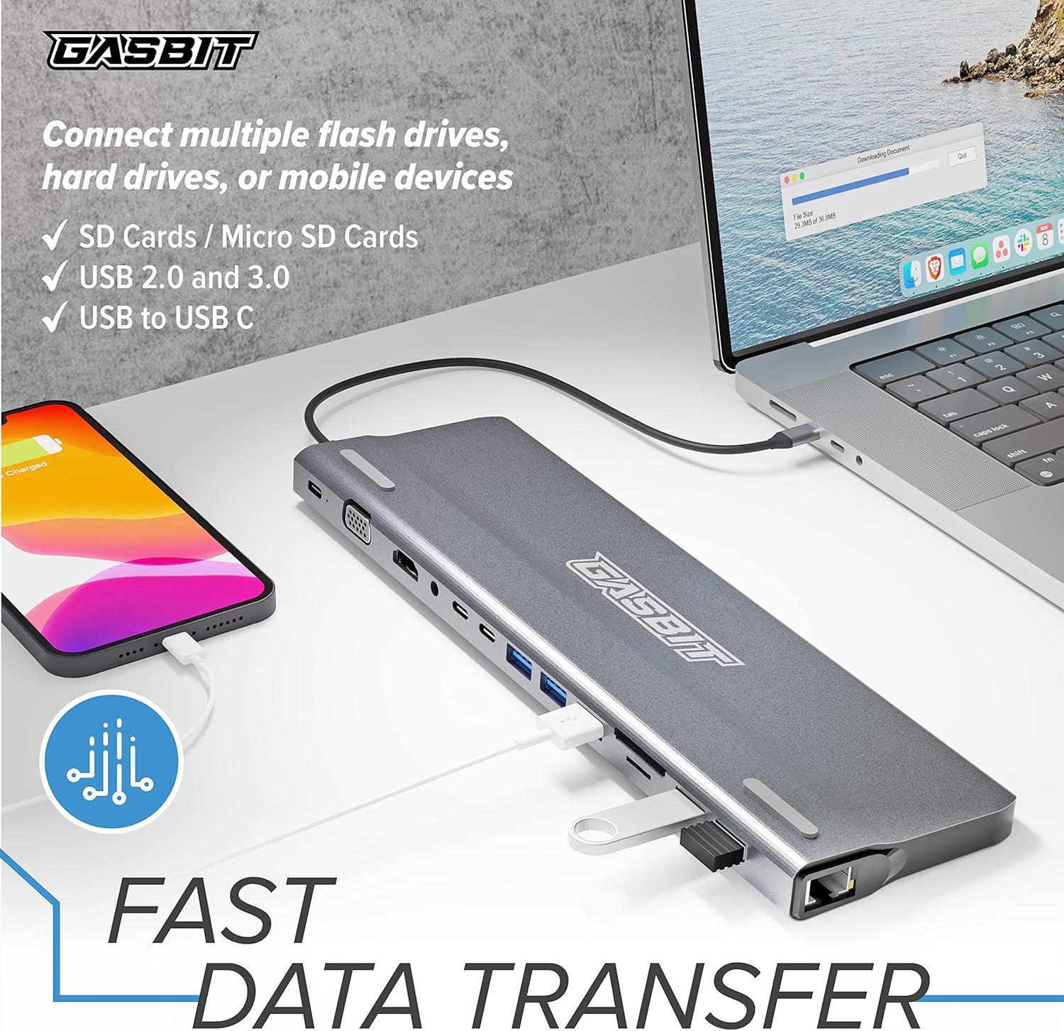 GASBIT 14-in-1 USB C Hub Multiport Adapter - USB C Power Adapter; USB-C Dongle; HDMI; VGA; SD Card Reader; MicroSD Card Reader; Ethernet; 2 USB 2.0