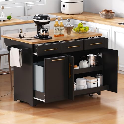 Merax 59.3" Kitchen Island with Storage, 2 Pull Out Cabinet Organizers & Rubber Wood Drop Leaf, Rolling Island Table with Trash Can Storage