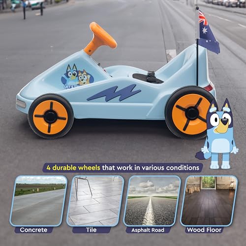 Bluey 12V Electric Go Kart for Kids, Electric Ride-On Toy with Lights, Seat Belt, Ages 3-6, Durable PVC and Iron Construction, Rechargeable Battery