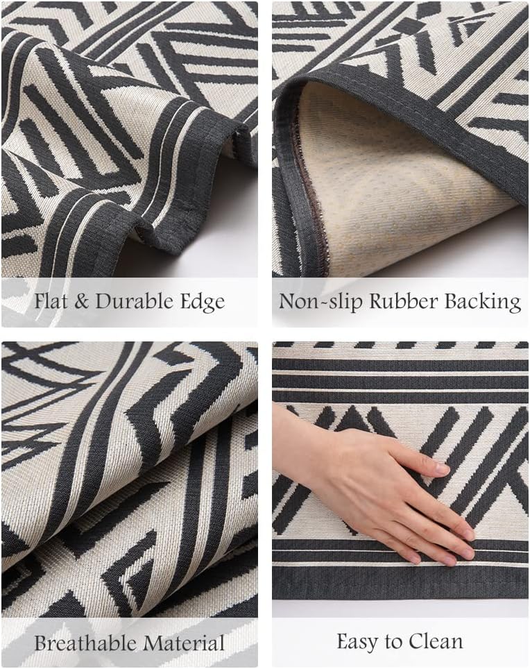 MontVoo-5 x 8 Outdoor Rug Carpet Non Slip Machine Washable Area Rugs Boho Outdoor Patio Decor Black and White Outdoor Rug Geometric Rubber Backed