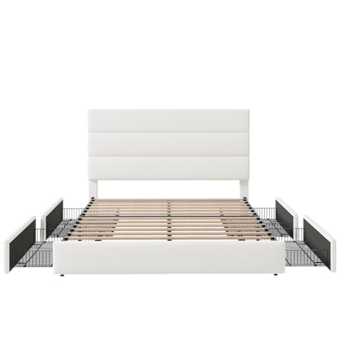 Allewie Modern Full Size Platform Bed Frame with 4 Storage Drawers and Velvet Upholstered Headboard, Wooden Slats Support