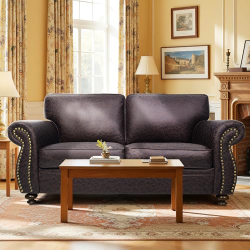 Mid-Century Vintage Sofa Couches with Rivet Design,3-Seater Sofa,Removable Sofa Cover Upholstered Cushions and Solid Wood Frame (Brown, 3-Seater)