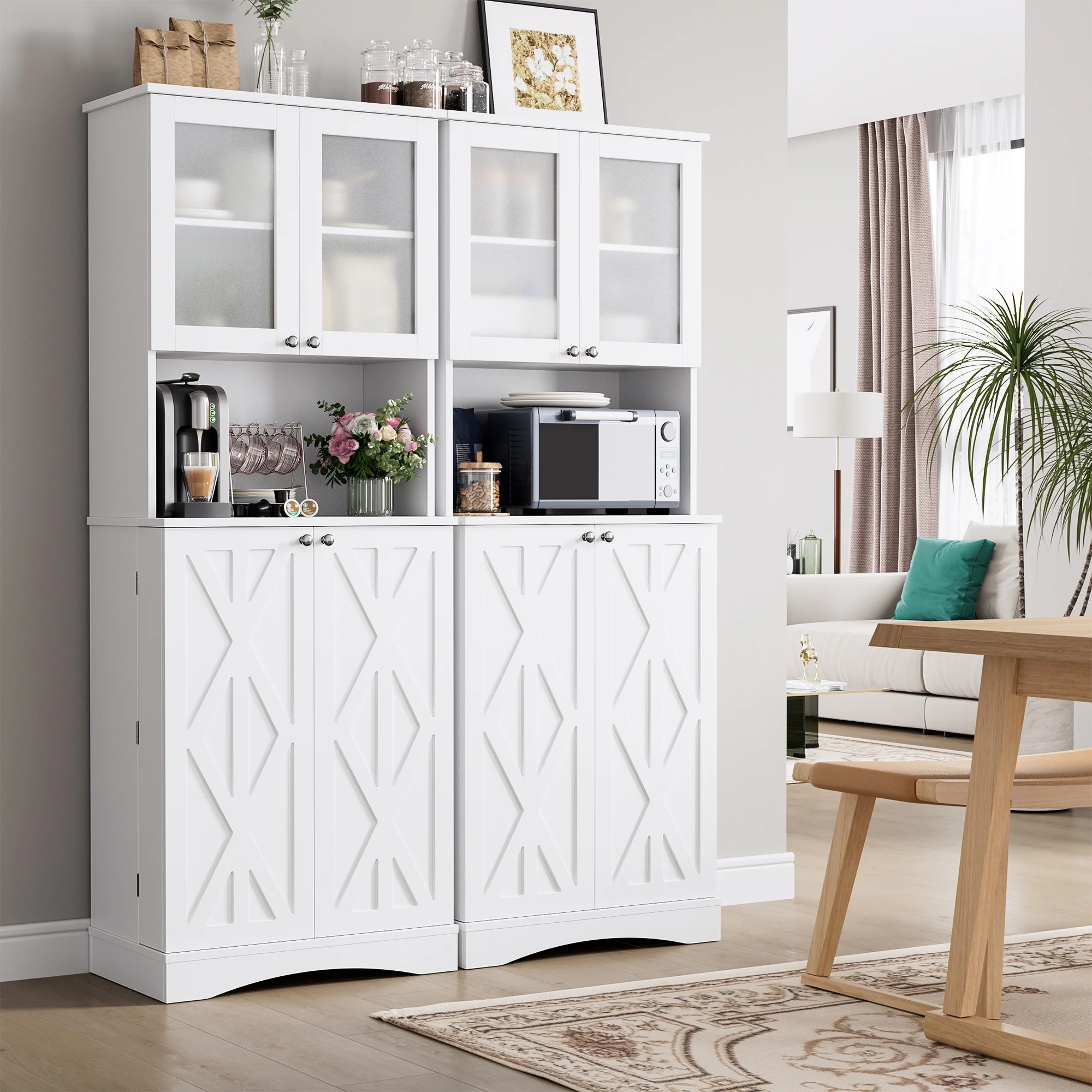 Homfa 63'' Food Pantry Cabinet, 4 Doors Kitchen Storage Cabinet with Adjustable Shelves, Microwave Cabinet for Dining Room, White