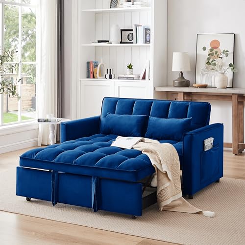 Pull Out Sofa Bed, 3-in-1 Convertible Sofa Bed, Modern Velvet Double Sofa Futon Sofa Bed with Adjustable Back, Storage Bag and Pillow for Living Room