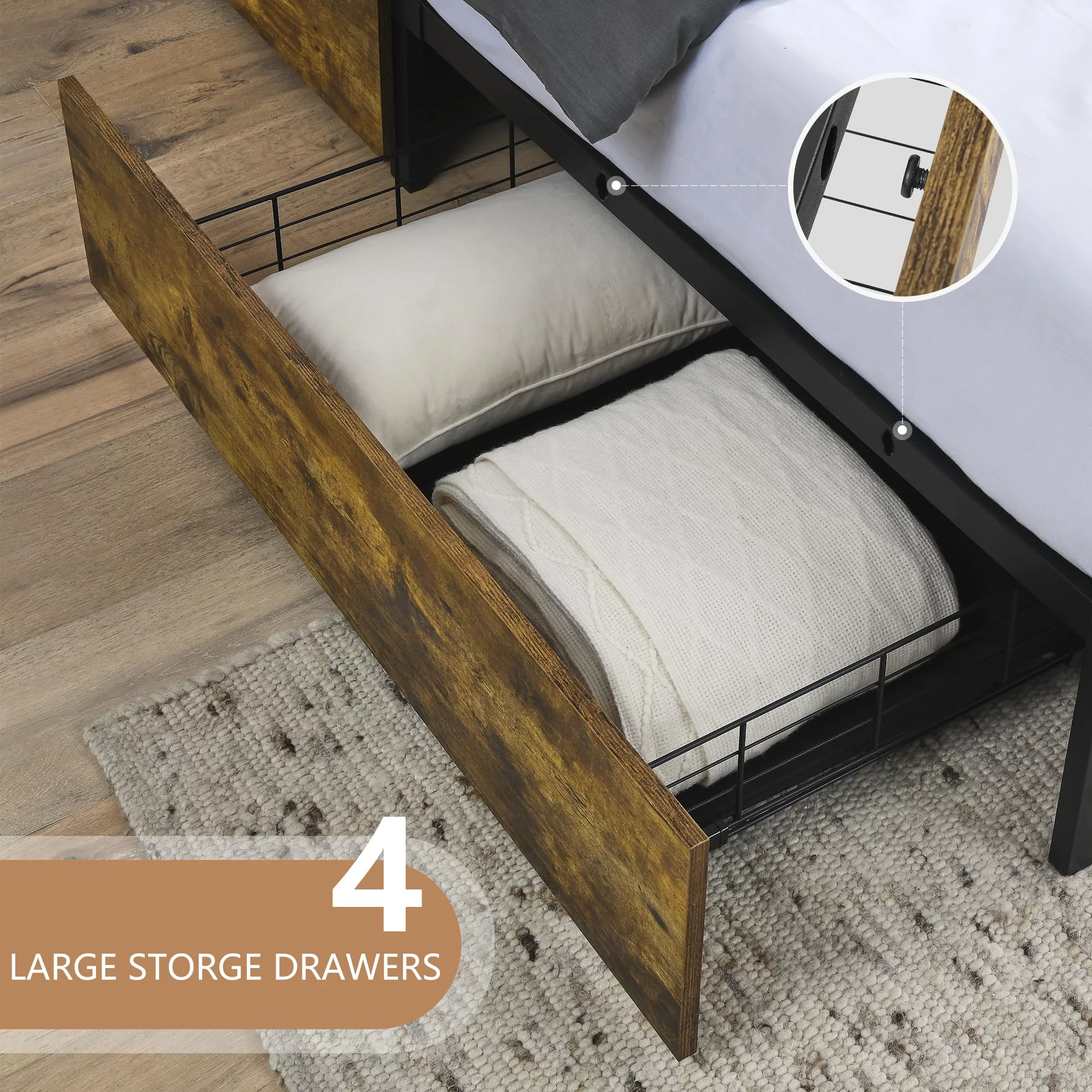 King Size Bed Frame with 4 Storage Drawers, LED Bed Frame with Charging Station, Metal Platform Bed King with Headboard & LED Lights
