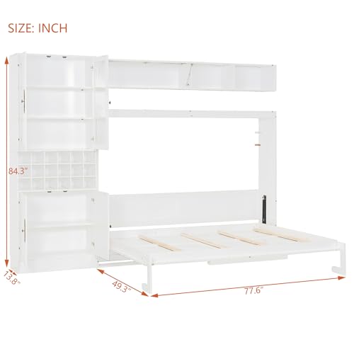 MERITLINE Queen Murphy Bed with Couch and Storage Shelves,Charging Station& LED Light